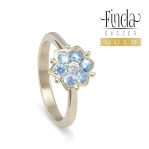 Csillagvirág 14 k fehér arany gyűrű gyémánttal és aquamarinokkal